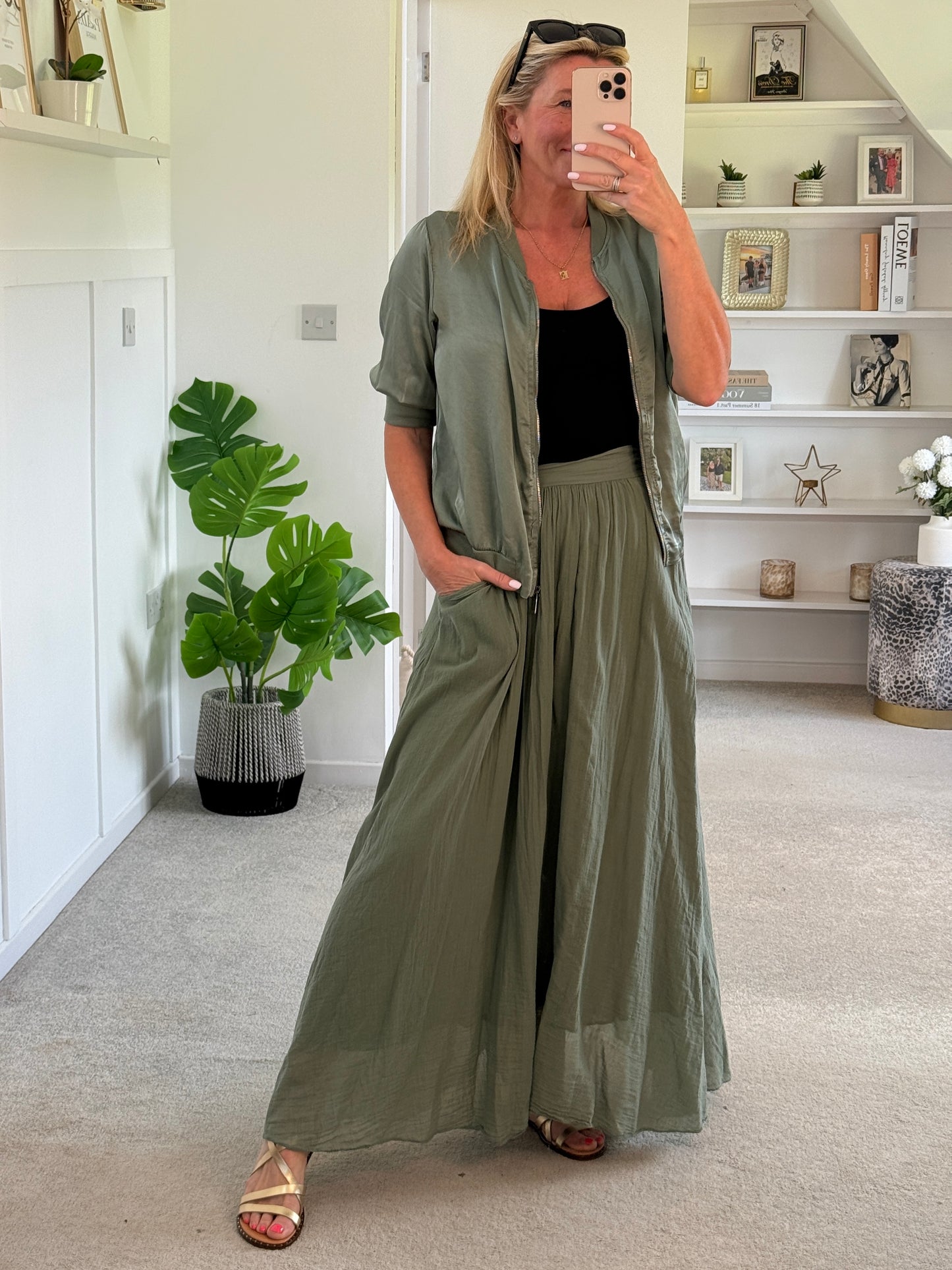 Khaki Silk Mix 1/2 Sleeve Bomber Jacket