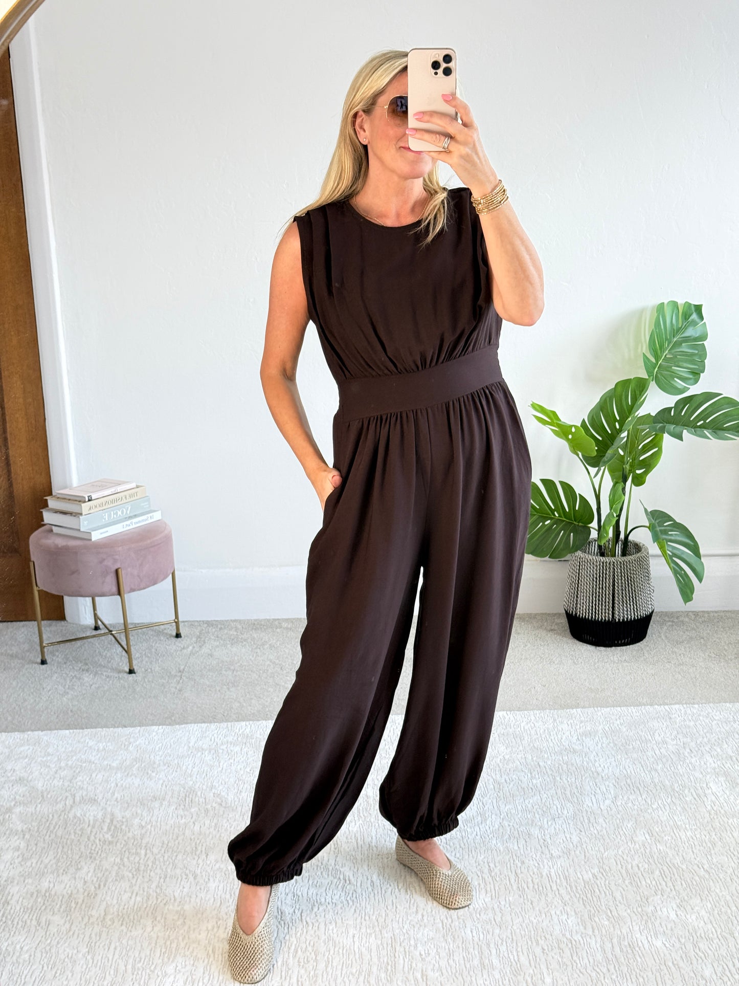 Chocolate Elasticated Sleeveless Harem Jumpsuit