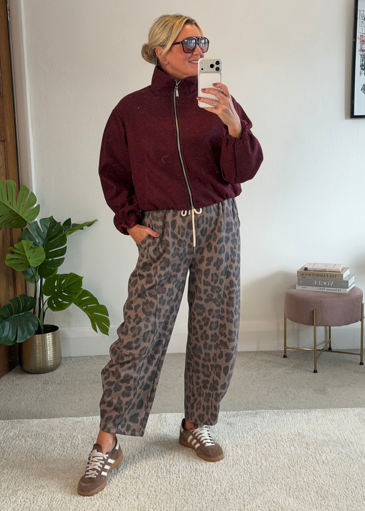 Burgundy Brushed Funnel Neck Zip Jacket