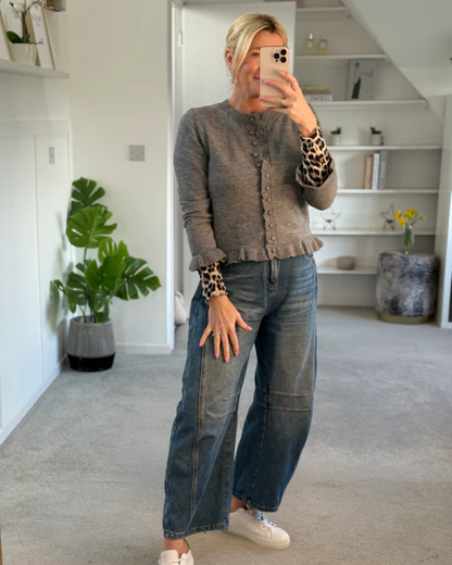 Grey Ruffled Buttoned Cardigan