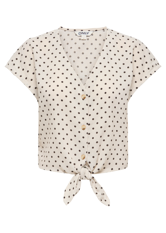 Pumice Stone/Chocolate Polka Dot Tie Front Blouse