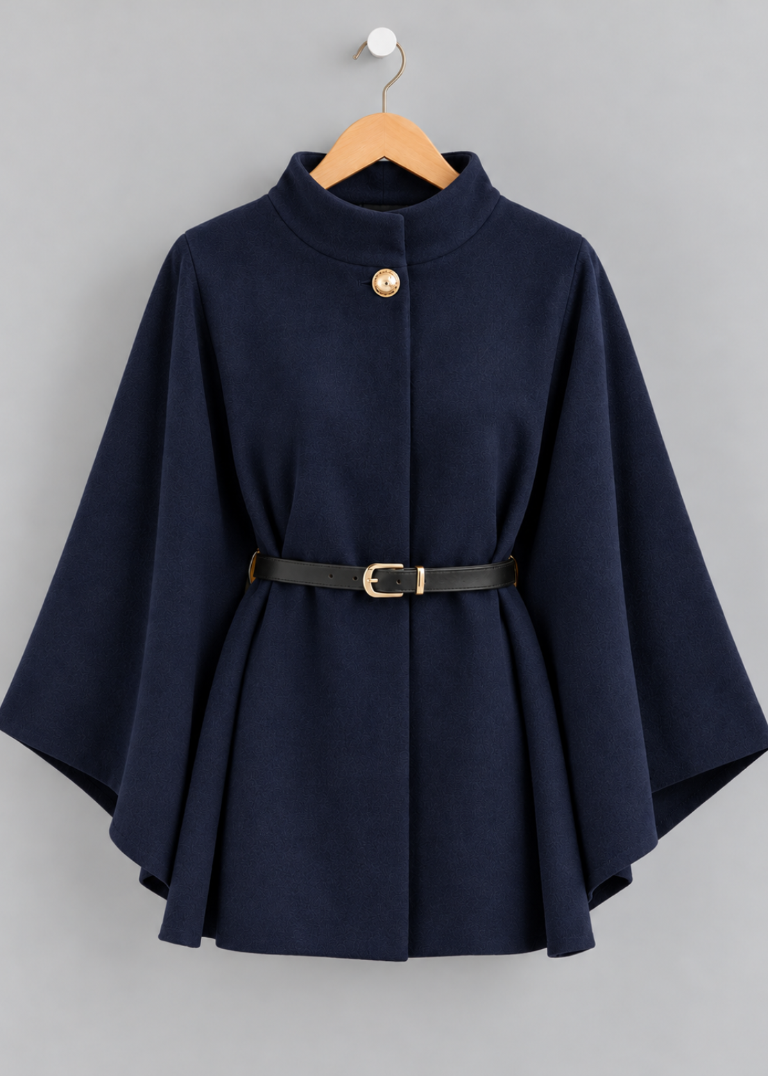 Black Funnel Neck Belted Cape Jacket