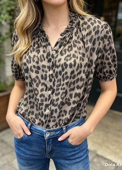 Mocha Leopard Puff Sleeve Blouse