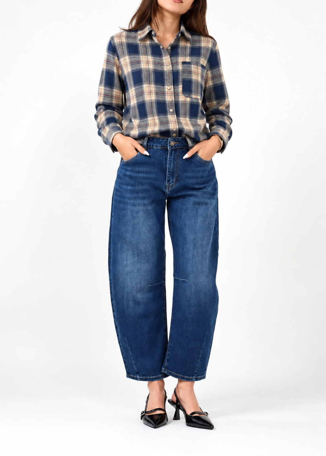 Navy Check Brushed Cotton Blend Shirt