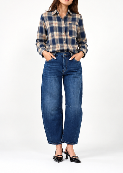 Navy Check Brushed Cotton Blend Shirt