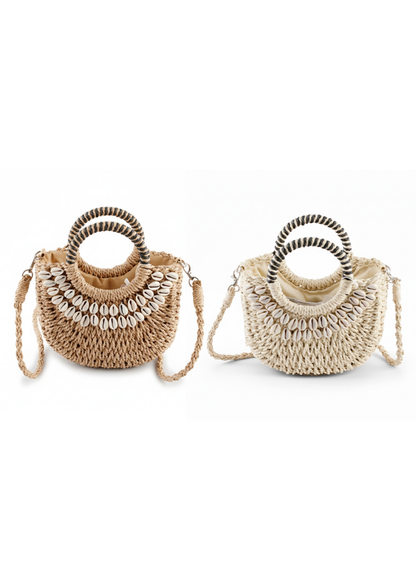 Camel 🐚 Shell Decor Small Straw Basket Bag