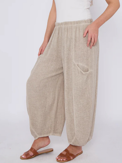 Mocha Washed Linen Barrel Pocket Trousers