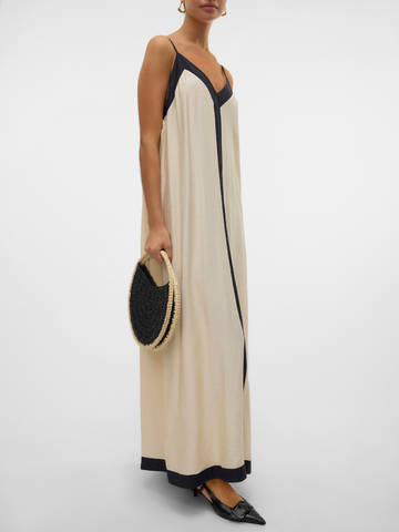 Denise Cream/Black Strappy V Neck Maxi Dress