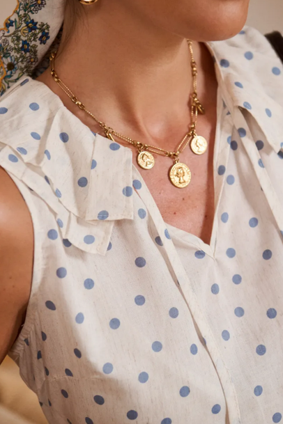 Blue/Oatmeal Polka Dot Frill Collar Blouse