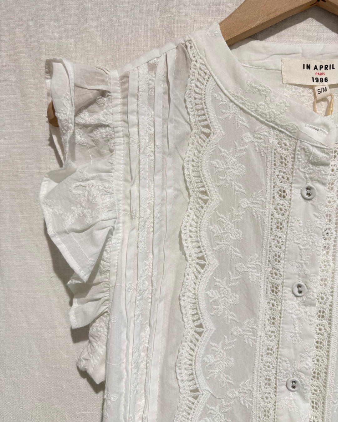 Oatmeal Frill Sleeve Lace Embroidered Blouse