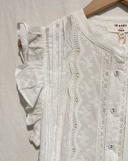 Oatmeal Frill Sleeve Lace Embroidered Blouse