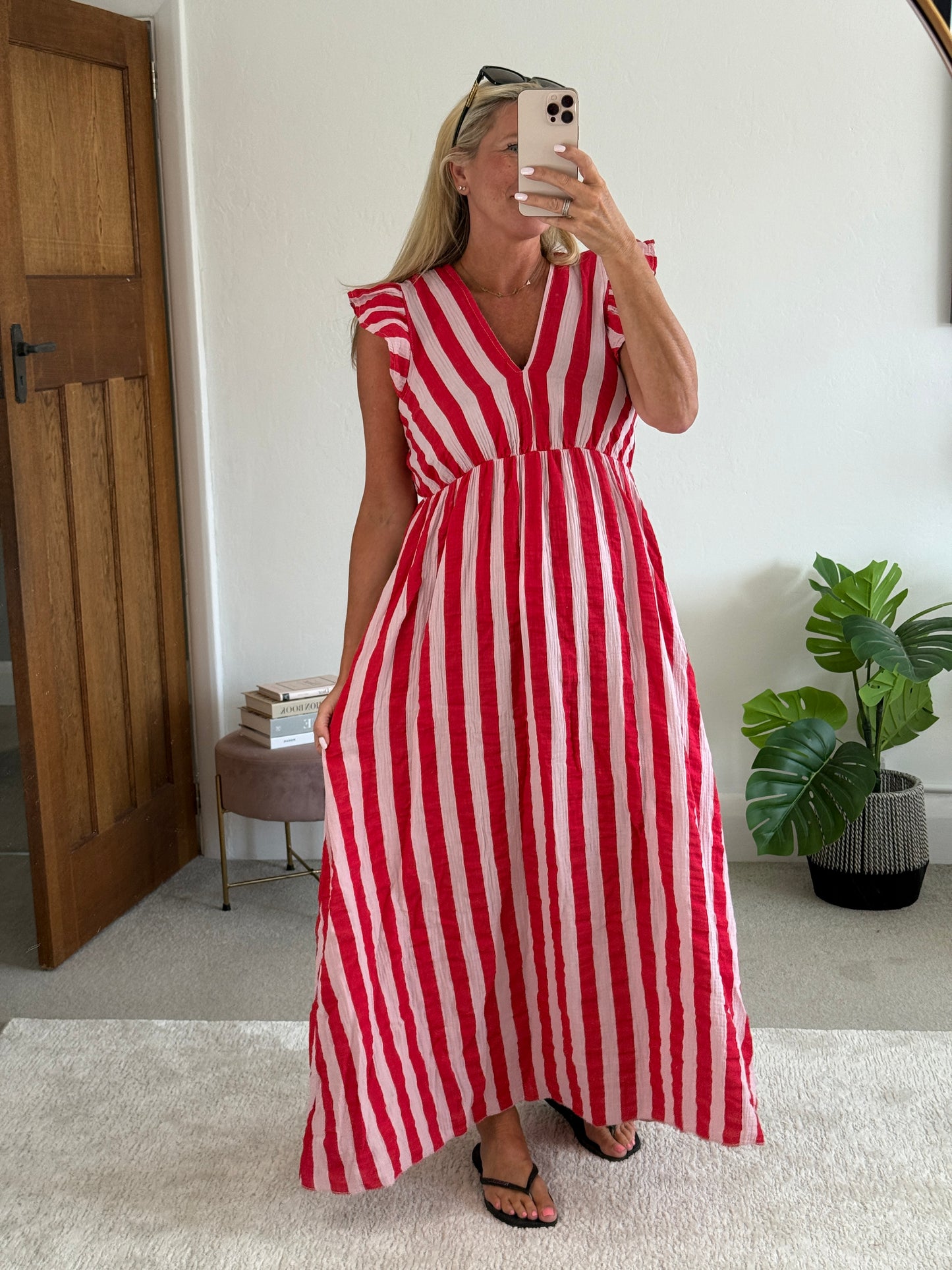 Pink/Red Stripe Cheesecloth Frill Sleeve Maxi Dress