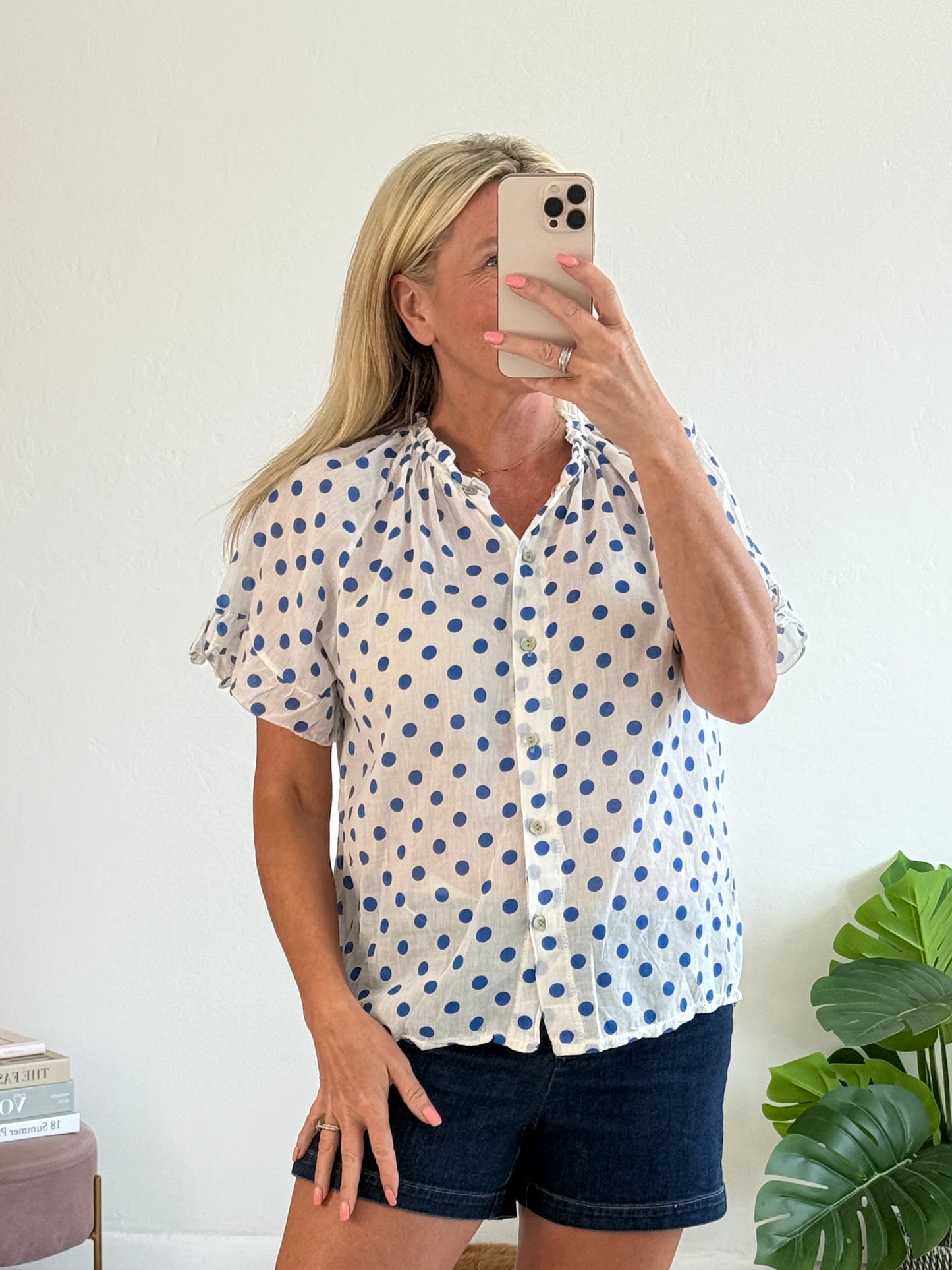 Royal Blue Polka Dot Frill Sleeve Blouse