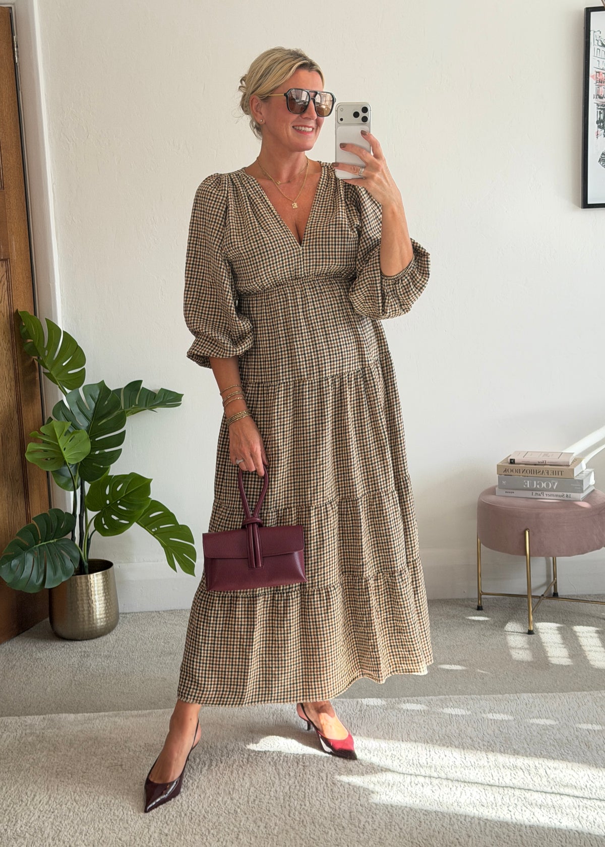 Cream Heritage Check V-Neck Tiered Dress