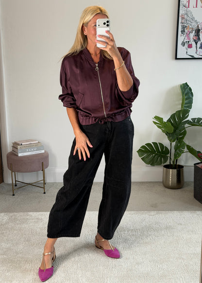 Plum Satin Drawstring Bomber Jacket
