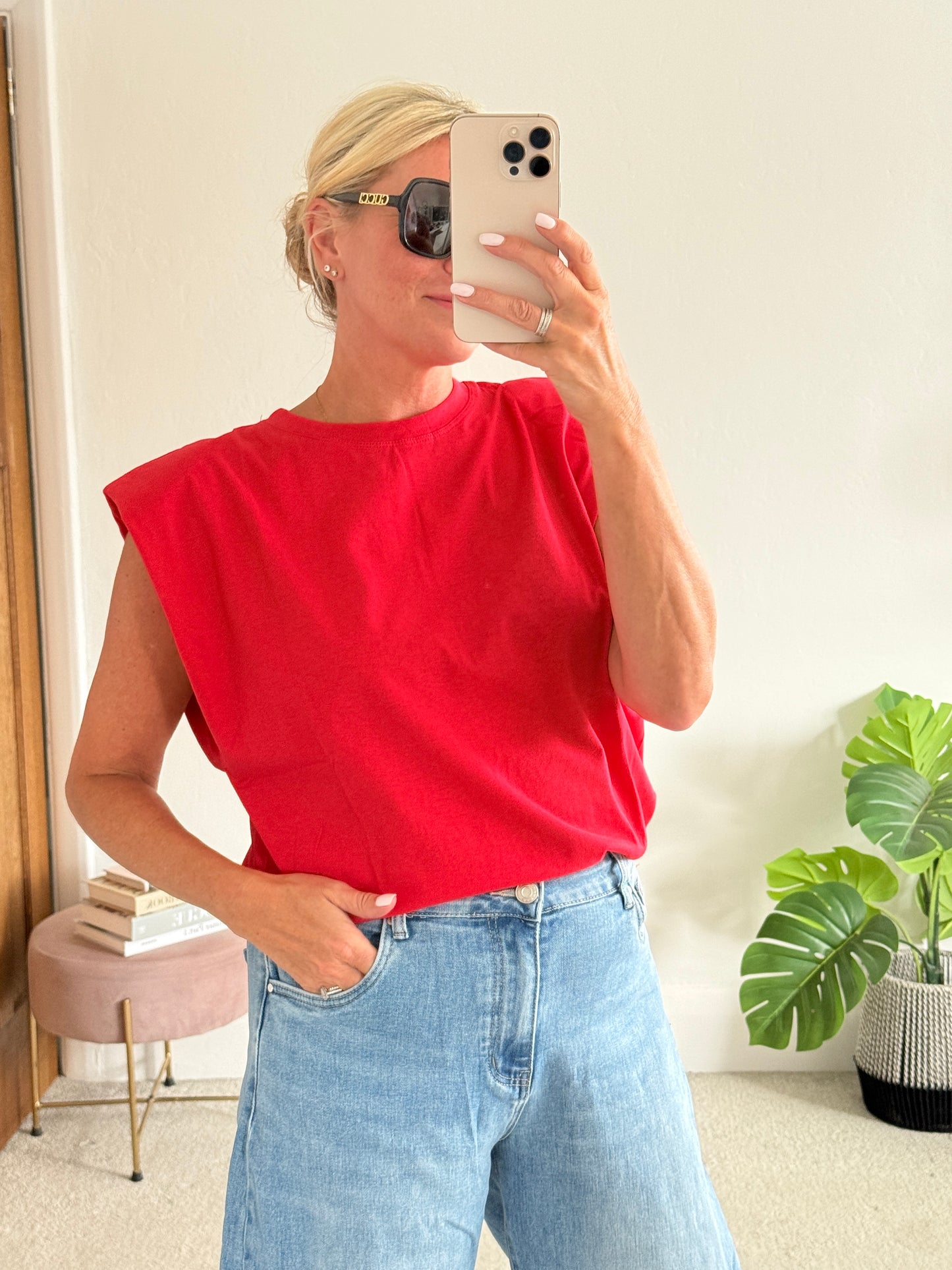 Red Structured Shoulder T-Shirt