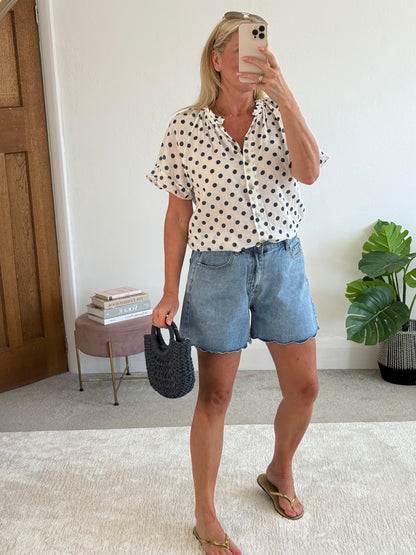Navy Polka Dot Frill Sleeve Blouse