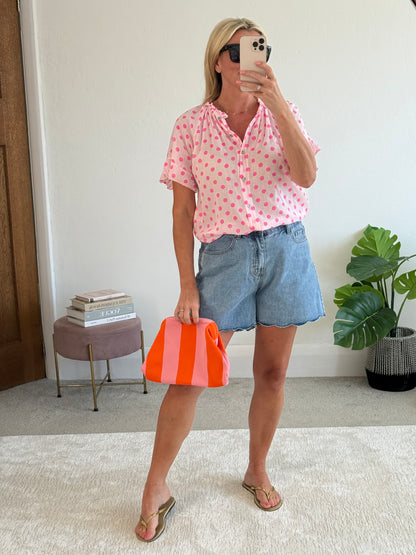 Hot Pink/Pink Polka Dot Frill Sleeve Blouse