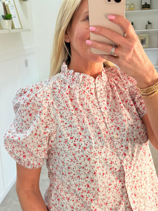 Pink/Red Floral Puff Sleeve Blouse