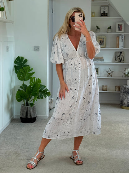 White Paisley Print Cheesecloth Midi Dress