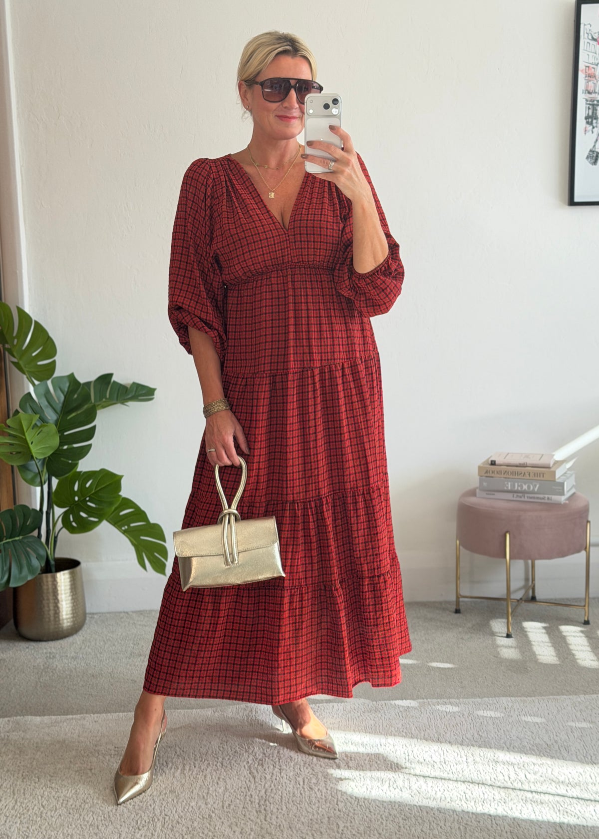 Red Heritage Check V-Neck Tiered Dress