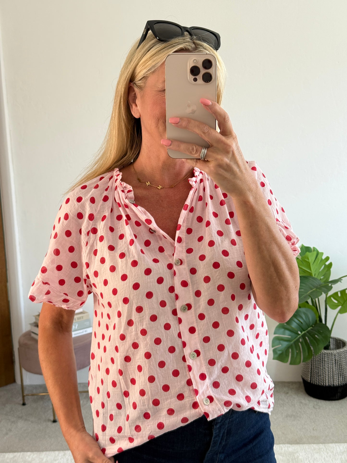 Red/Pink Polka Dot Frill Sleeve Blouse