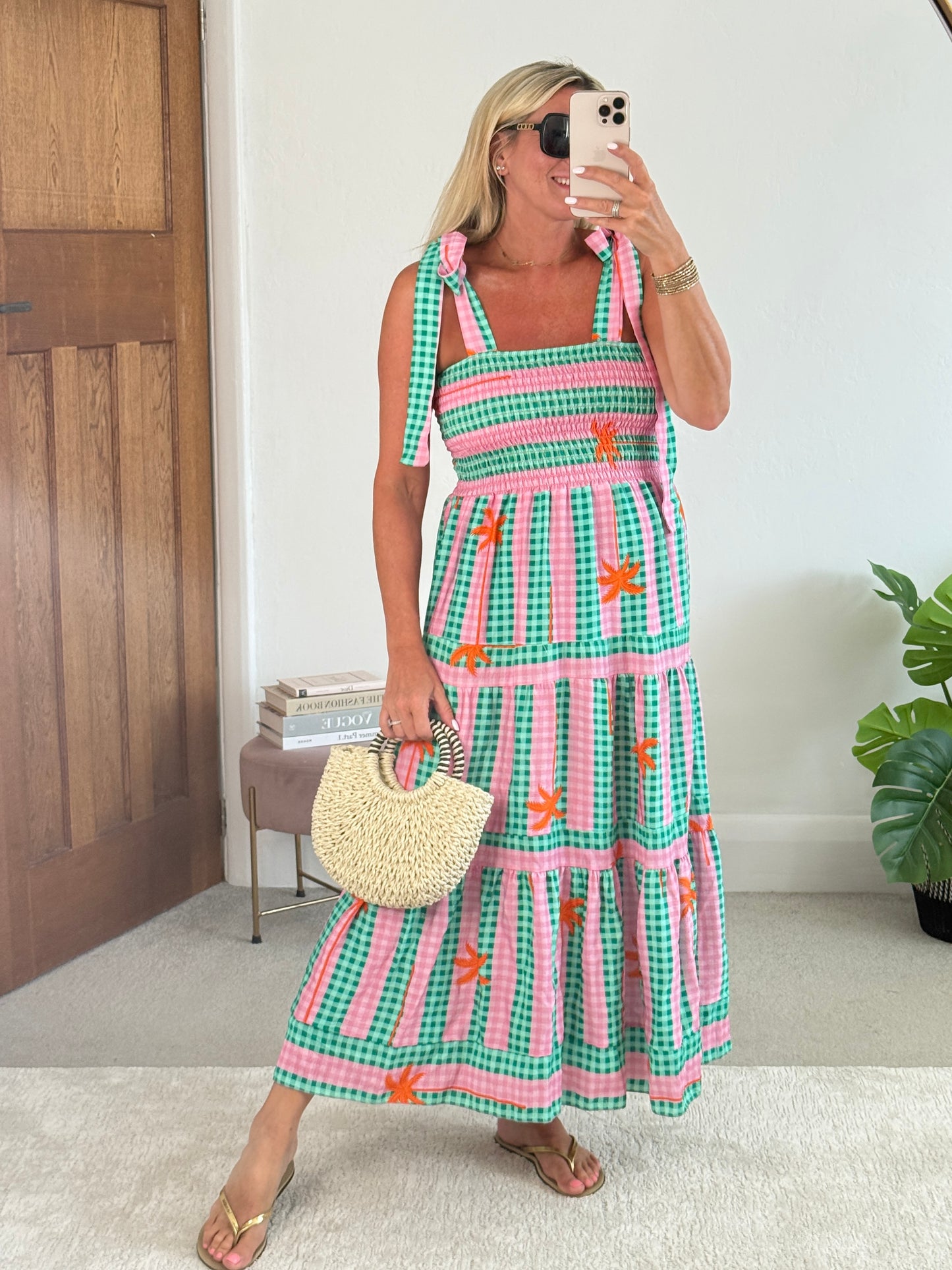 Green/Pink Gingham/Palm Shirred Maxi Dress