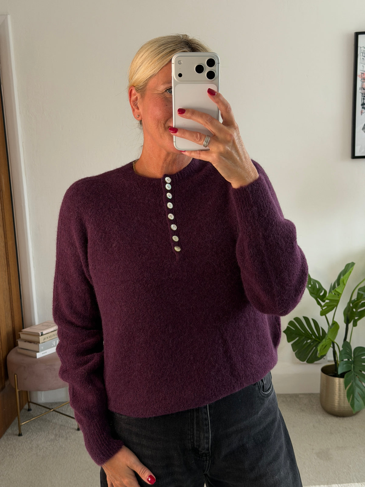 Plum Alpaca Mix Button Jumper
