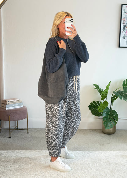 Grey Leopard Barrel Joggers