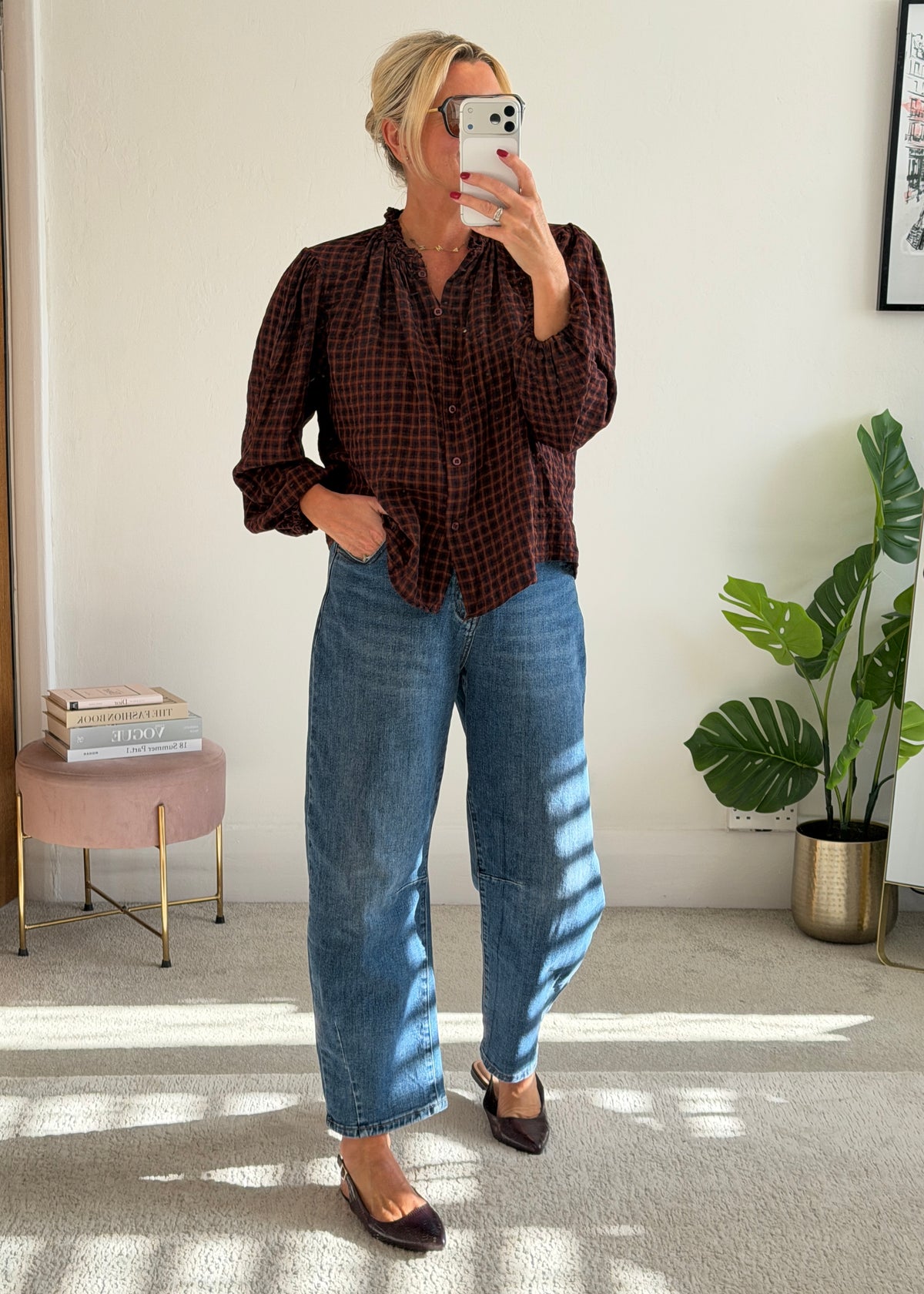 Burgundy Heritage Check Frill Collar Blouse