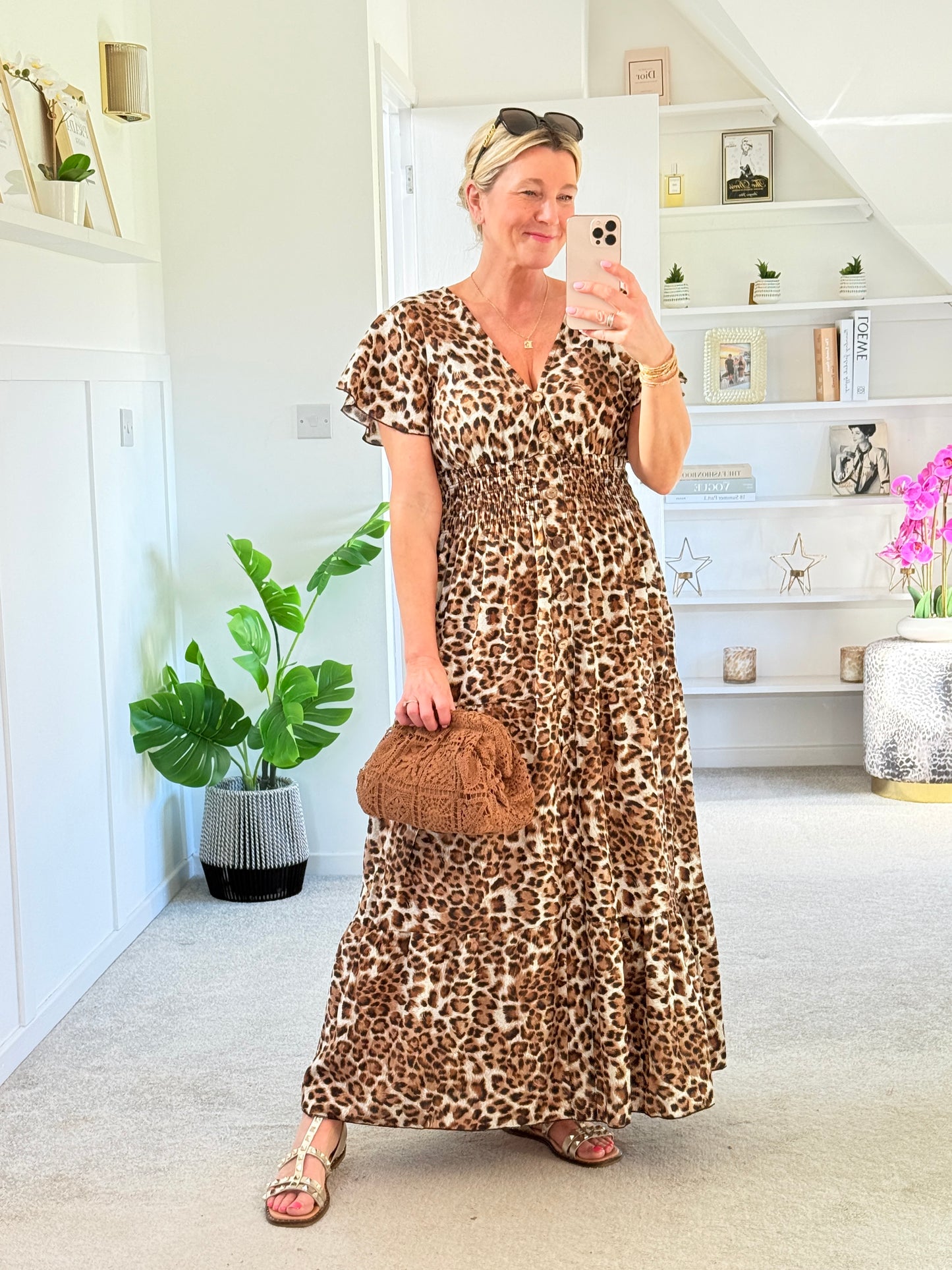Tan Leopard V Neck Tiered Maxi Dress