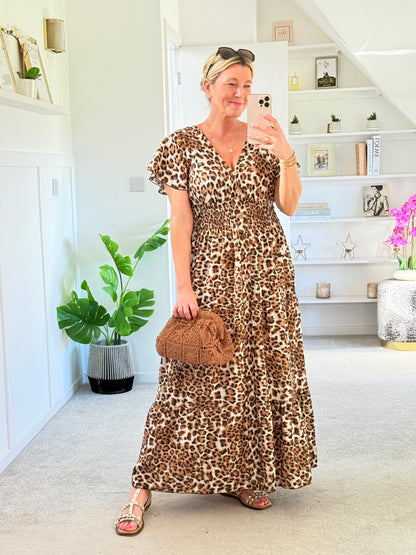 Tan Leopard V Neck Tiered Maxi Dress