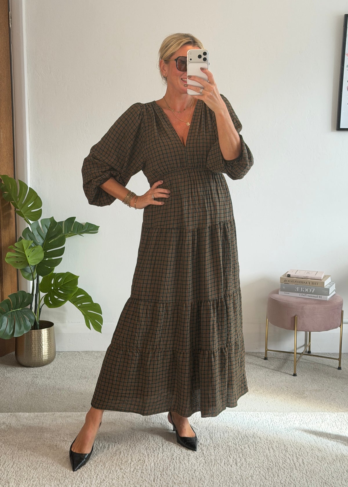 Khaki Heritage Check V-Neck Tiered Dress
