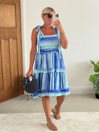 Turquoise Striped Shirred Dress