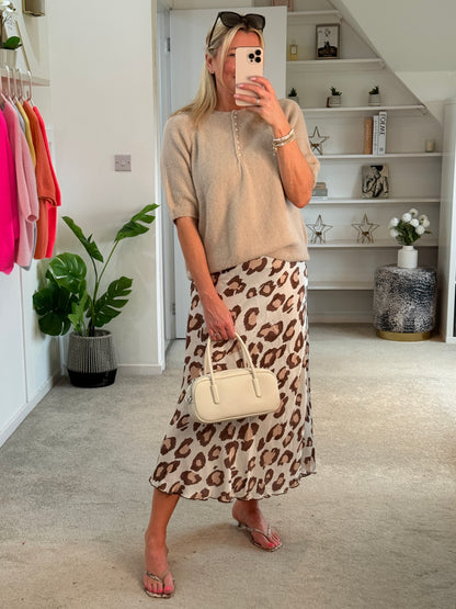 Beige Leopard Satin Slip Skirt