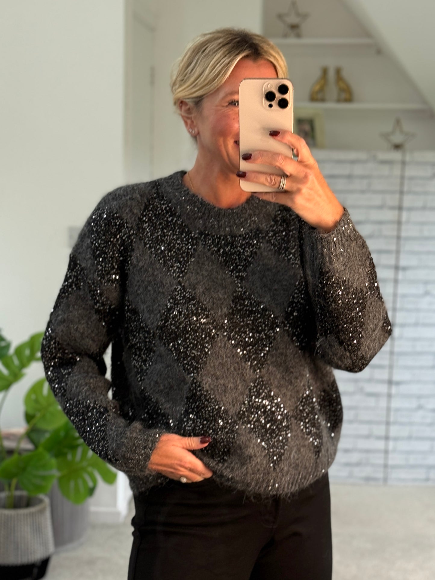 Grey Sequin Argyle Diamond Knit Jumper