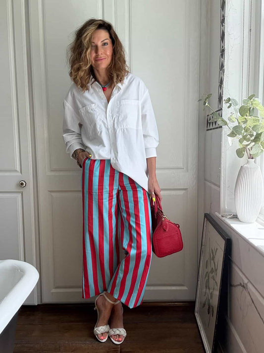 Red/Turquoise Blue Stripe Trousers