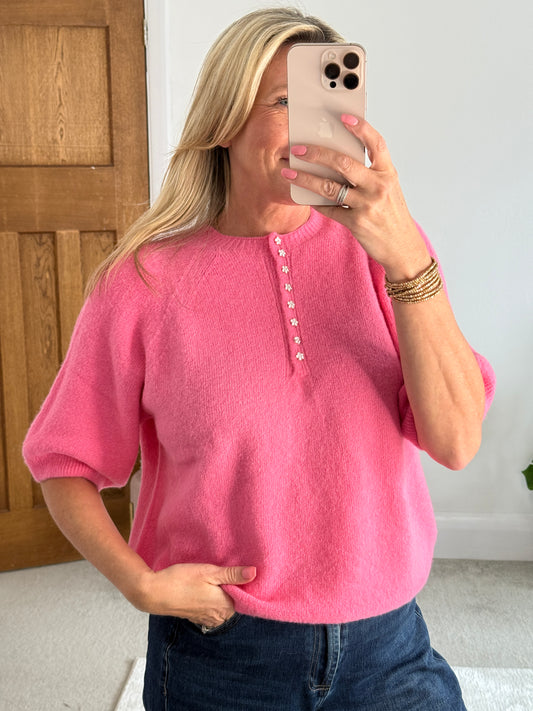 Bubblegum Pink Alpaca Mix Diamanté Button Jumper