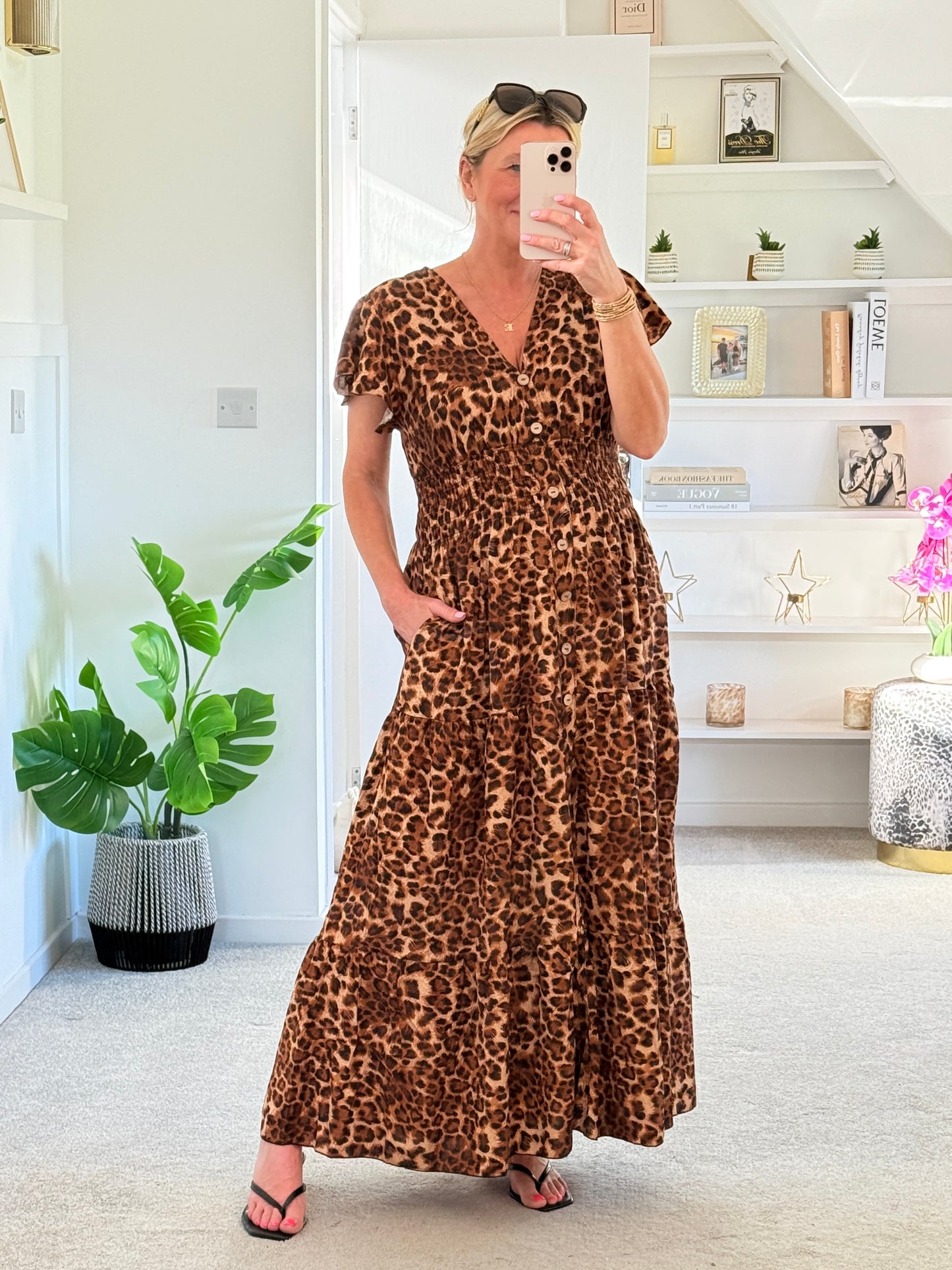 Tan Leopard V Neck Tiered Maxi Dress