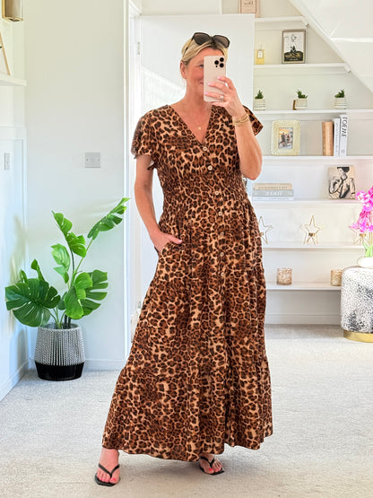 Tan Leopard V Neck Tiered Maxi Dress