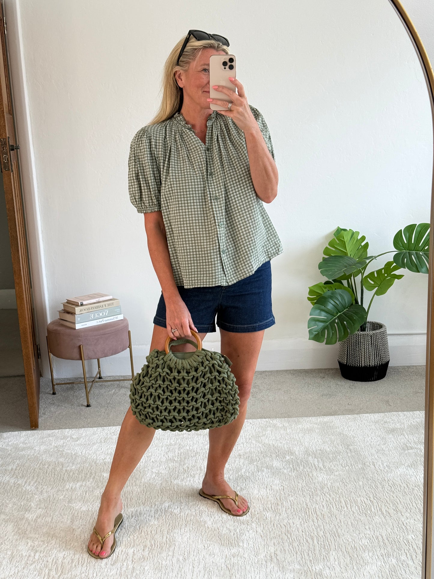 Navy/White Gingham Puff Sleeve Blouse