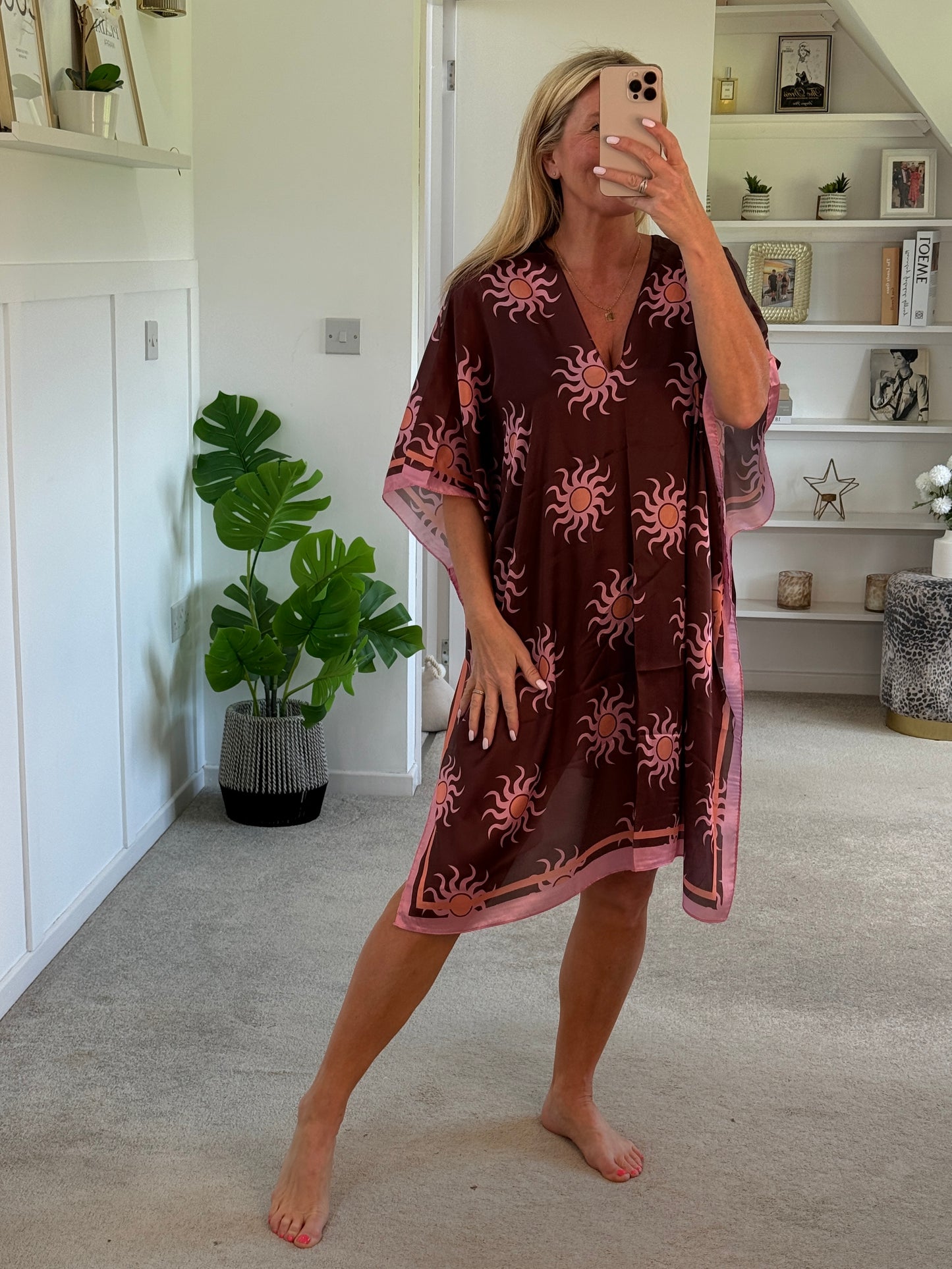 Lemon/Pink Sun Print Floaty Kaftan Dress