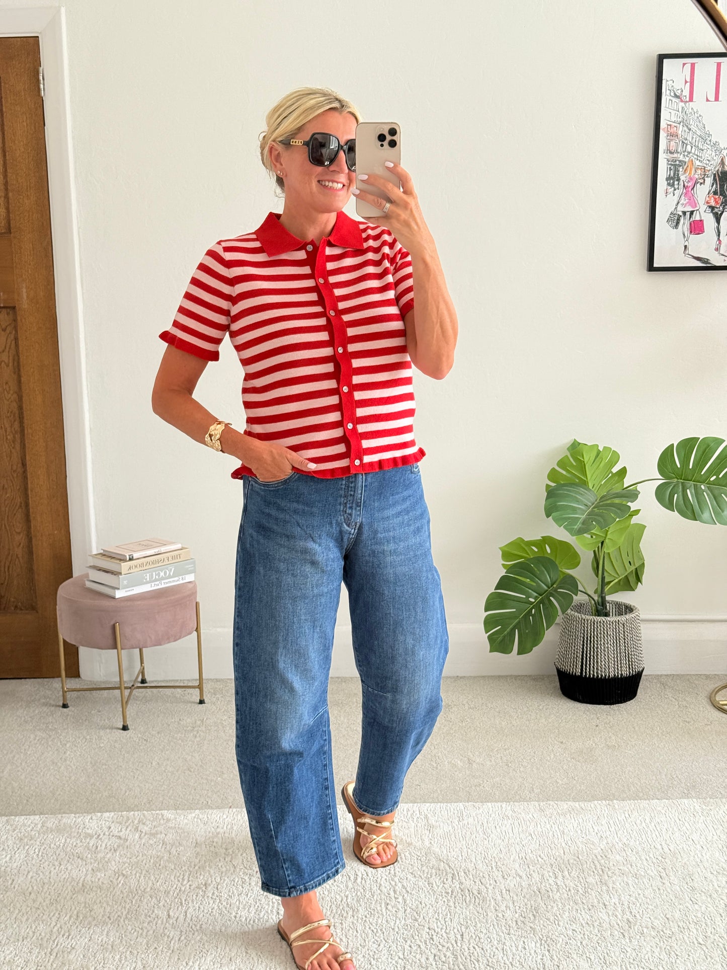 Pink/Red Stripe Knit Polo S/S Cardigan