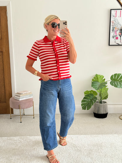 Pink/Red Stripe Knit Polo S/S Cardigan