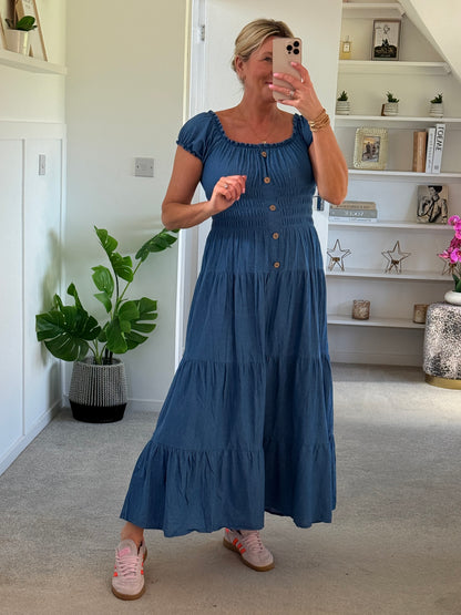Blue Denim Bardot Tiered Maxi Dress
