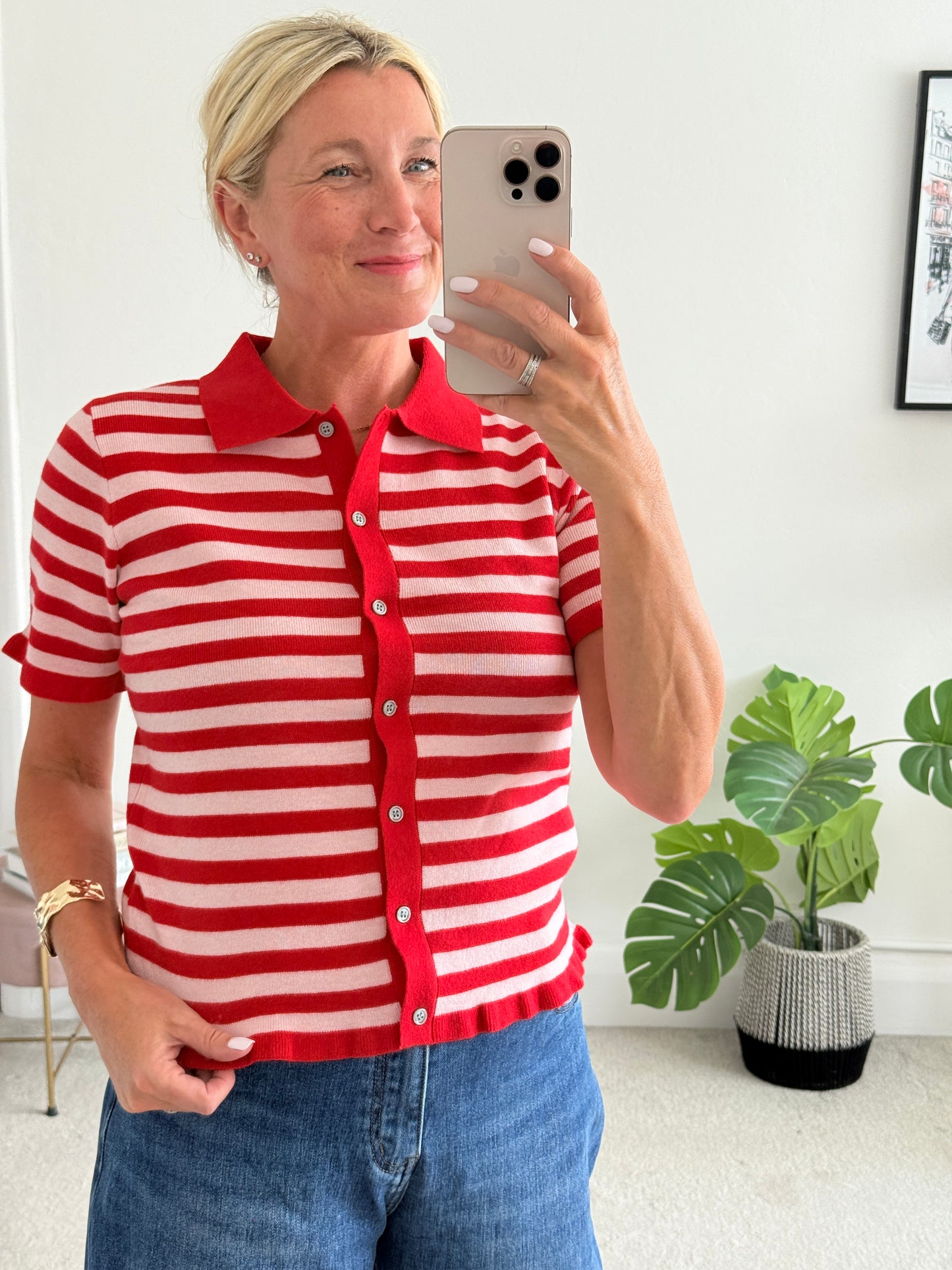 Pink/Red Stripe Knit Polo S/S Cardigan