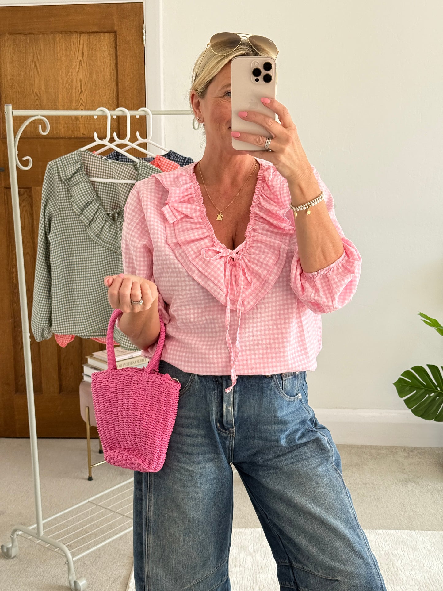 Pink Gingham Ruffle Blouse