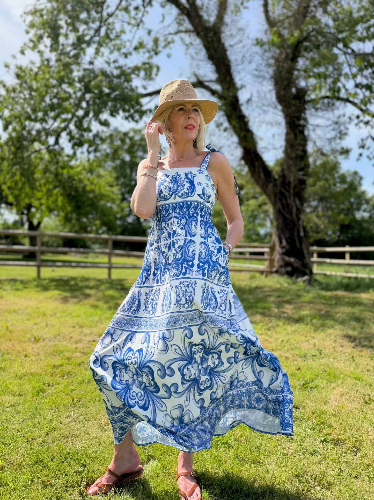 Blue Baroque Tie Strap Dress