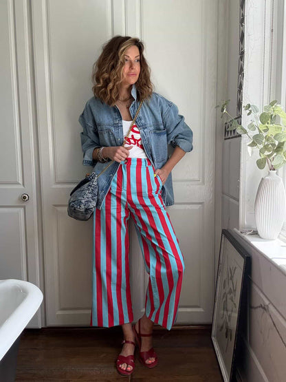 Red/Turquoise Blue Stripe Trousers