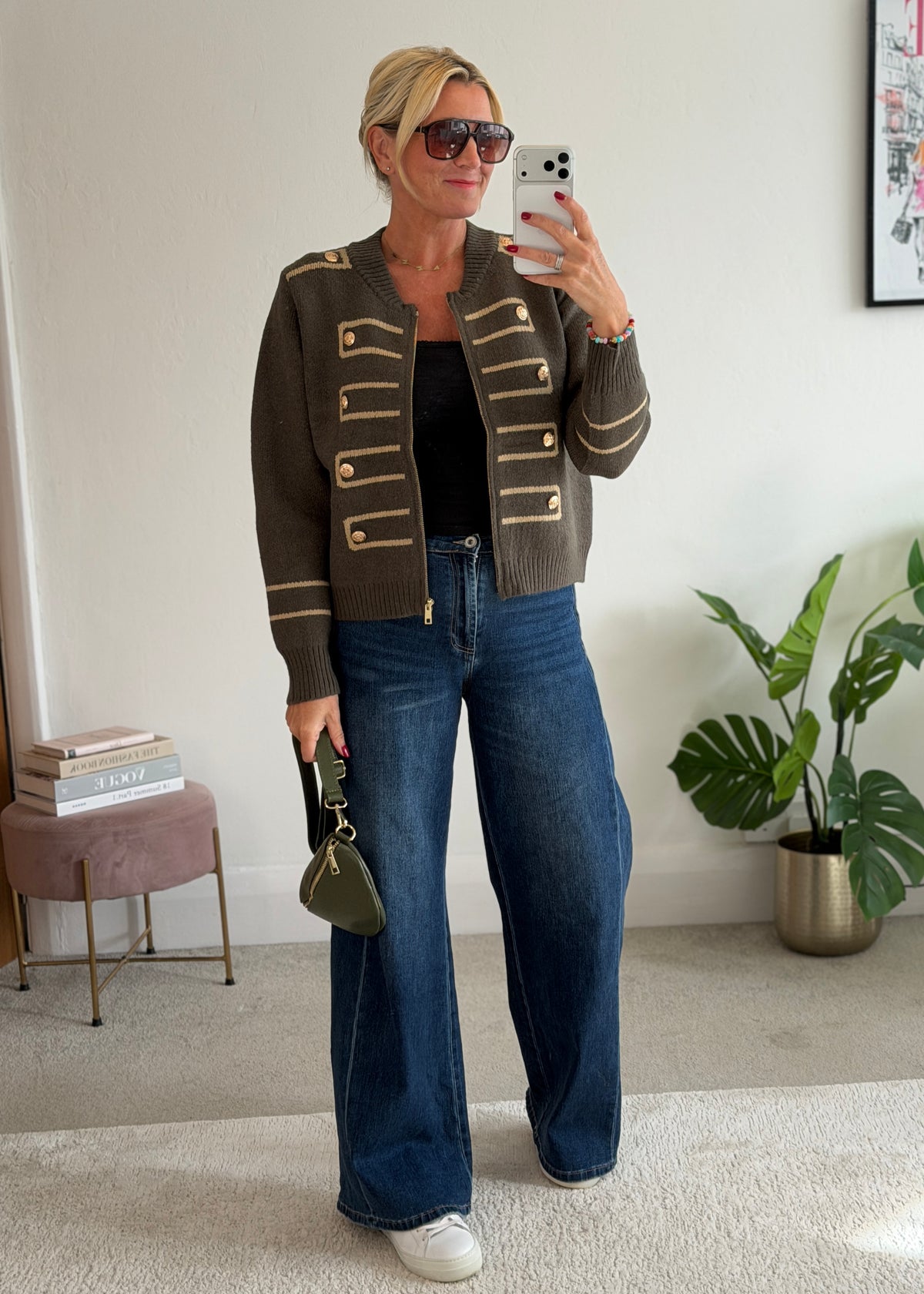 Khaki Military Zip Front Knitted Cardi